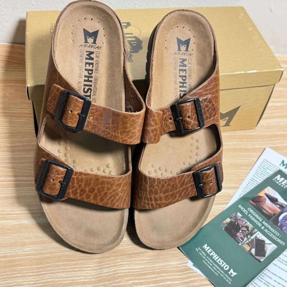 Mephisto Zonder Sandals Mens US 9 Brown Leather Adjustable 2-Straps Casual Slide